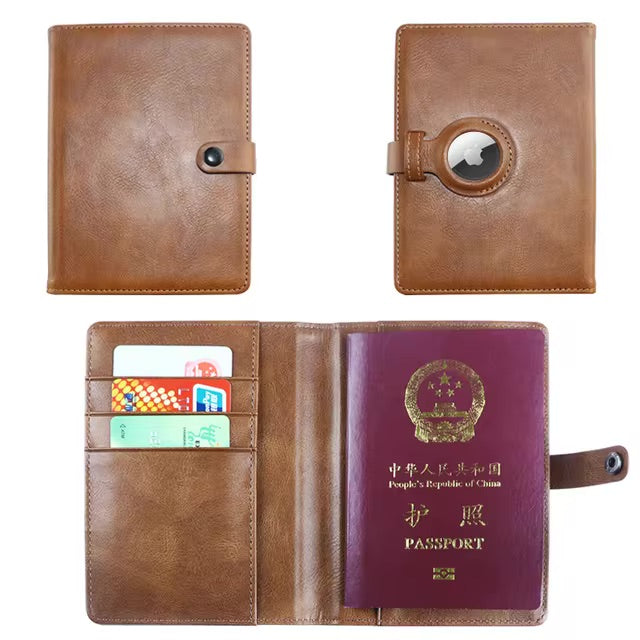 Passport Holder Cover with AirTag Slot - Brown