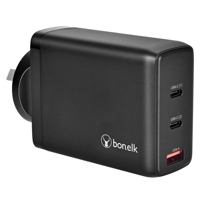 Bonelk 100W PD GaN Wall Charger, 2 x USB-C / 1 x USB-A - Black