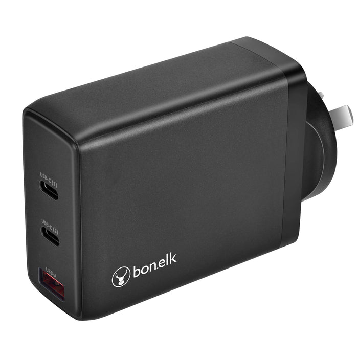 Bonelk 100W PD GaN Wall Charger, 2 x USB-C / 1 x USB-A - Black