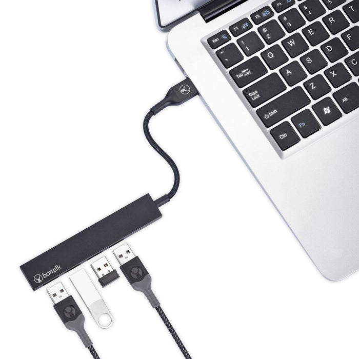 Bonelk Long-Life USB-A to 4 Port USB 3.0 Slim Hub (Black)