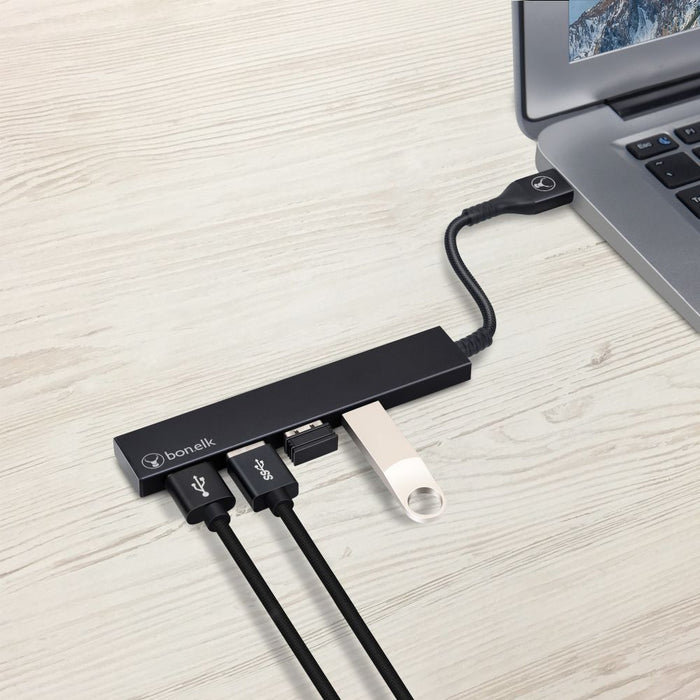 Bonelk Long-Life USB-A to 4 Port USB 3.0 Slim Hub (Black)