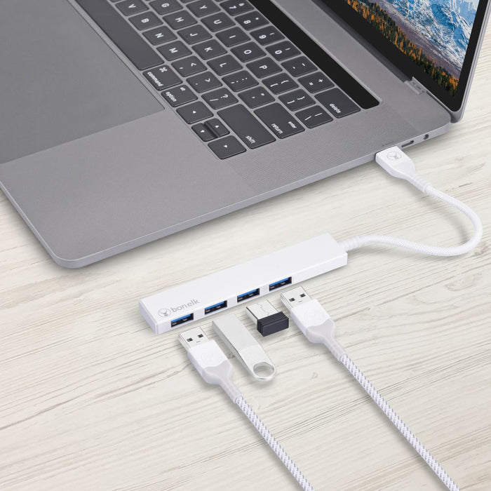 Bonelk Long-Life USB-A to 4 Port USB 3.0 Slim Hub (White)