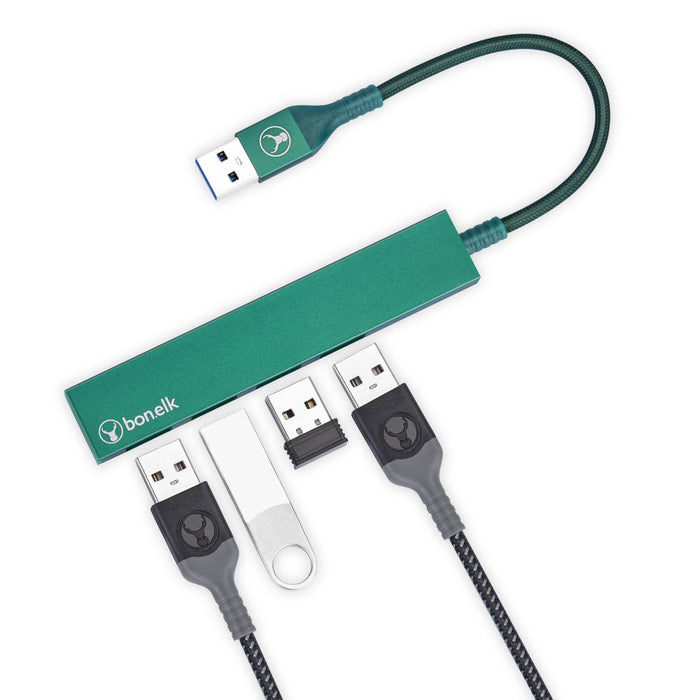 Bonelk Long-Life USB-A to 4 Port USB 3.0 Slim Hub (Green)