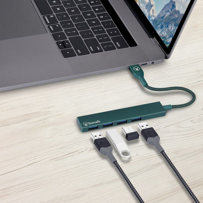 Bonelk Long-Life USB-A to 4 Port USB 3.0 Slim Hub (Green)