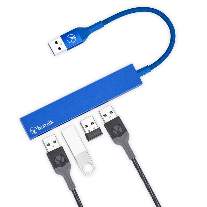 Bonelk Long-Life USB-A to 4 Port USB 3.0 Slim Hub (Blue)