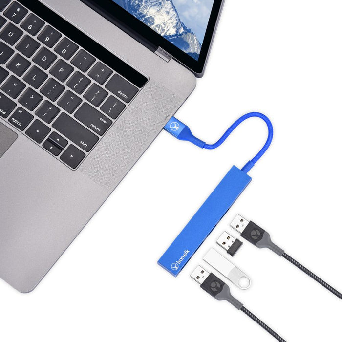 Bonelk Long-Life USB-A to 4 Port USB 3.0 Slim Hub (Blue)