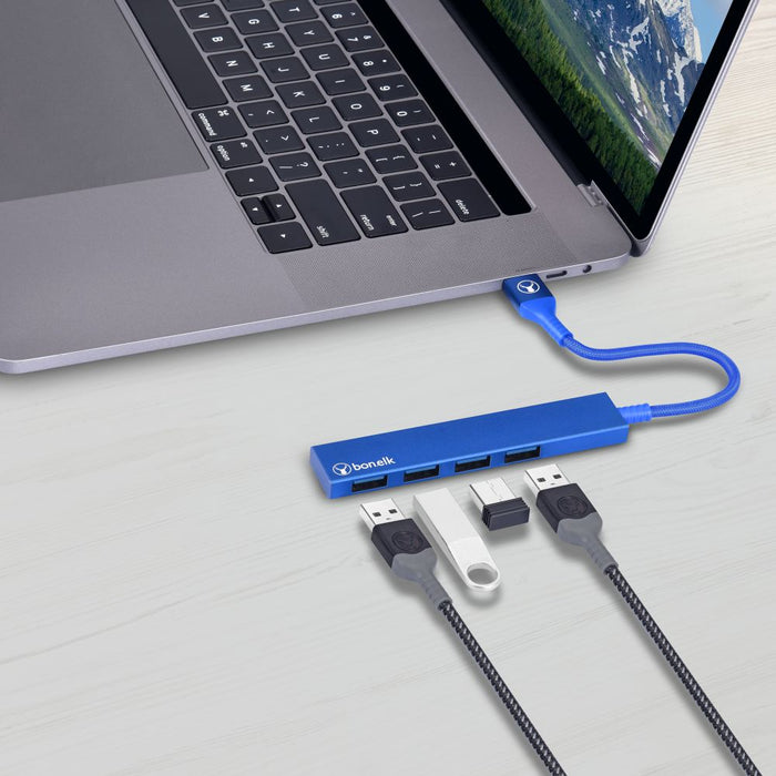 Bonelk Long-Life USB-A to 4 Port USB 3.0 Slim Hub (Blue)