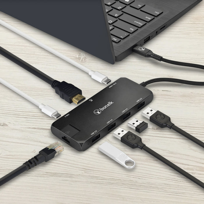 Bonelk Long-Life USB-C To 8-In-1 Multiport Hub (Black)