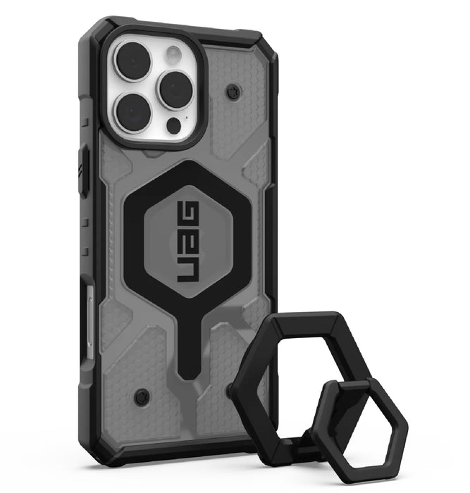 UAG Pathfinder Clear MagSafe Apple iPhone 16 Pro Max (6.9") Rugged Case + Black Ring Stand- Ash