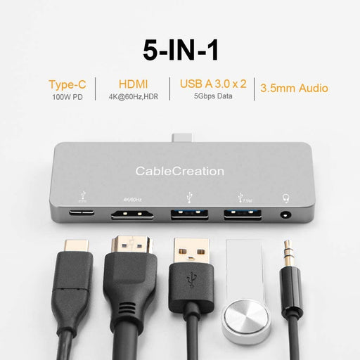 CableCreation 5 in 1 Hub with 4K@60Hz HDMI HDR, 2 USB 3.0, 3.5mm Audio 100W PD, Aluminum USB-C Dock Adapter for New iPad Pro, MacBook Pro and More