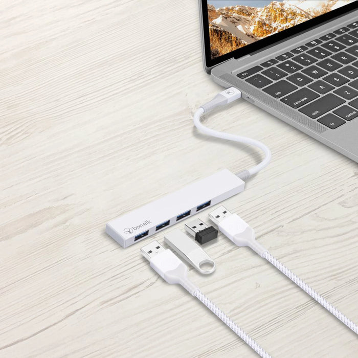 Bonelk Long-Life USB-C To 4 Port USB 3.0 Slim Hub White